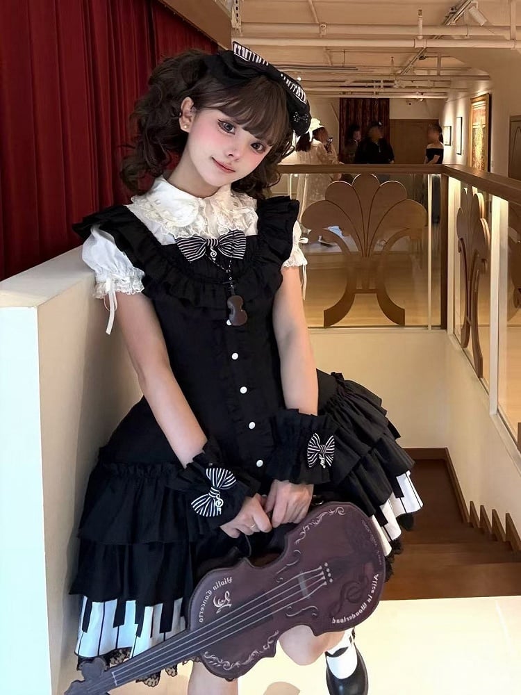 Piano Motif JSK Dress in Black and White with Bow Accents and Ruffled Trim - Wuyu Love Letter