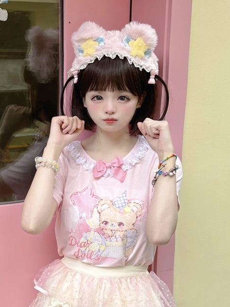 Ruffled Adorable Teddy Bear Print Bowknot Pink/Yellow Neckline Embellished T-Shirt