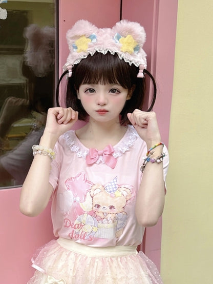 Ruffled Adorable Teddy Bear Print Bowknot Pink/Yellow Neckline Embellished T-Shirt