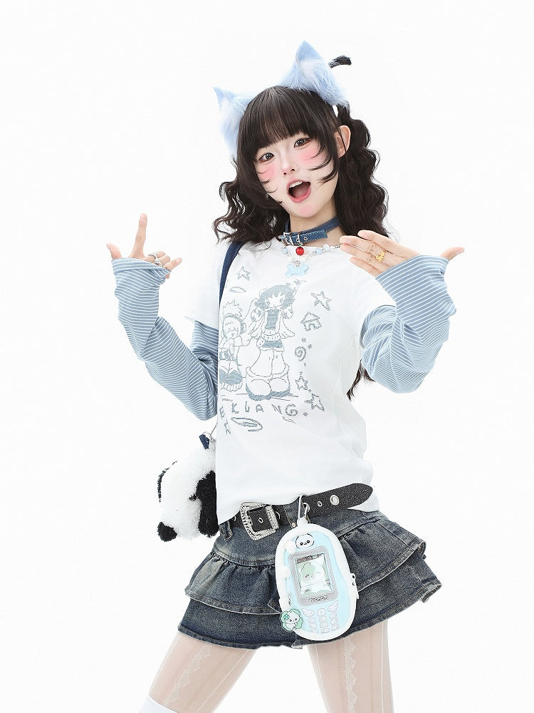 Cartoon Print Long Top Vibes: Otaku Striped Faux Sleeve Two-Piece White/Gray Cozy