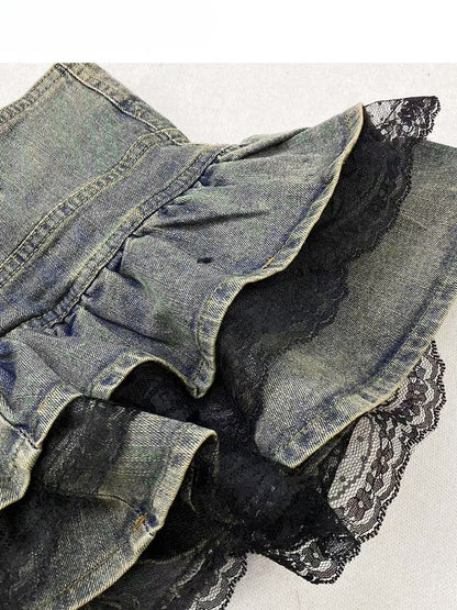 スカートトリム ビタースイート レース デニム ブルー ティアード