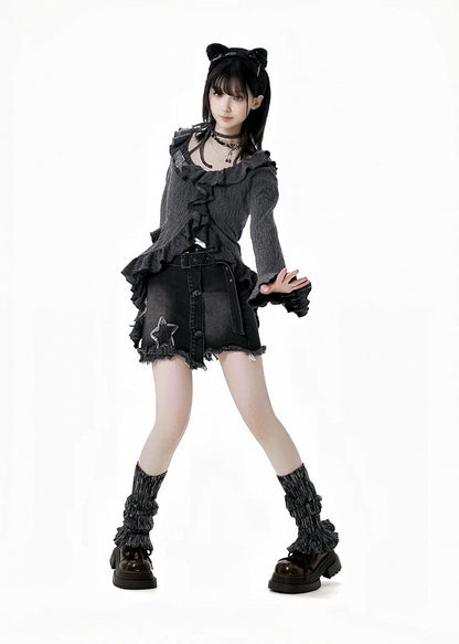 Y2K Schwarzer Jeansrock mit Stern-Applikationen und rohem Saum und Schnallengürtel