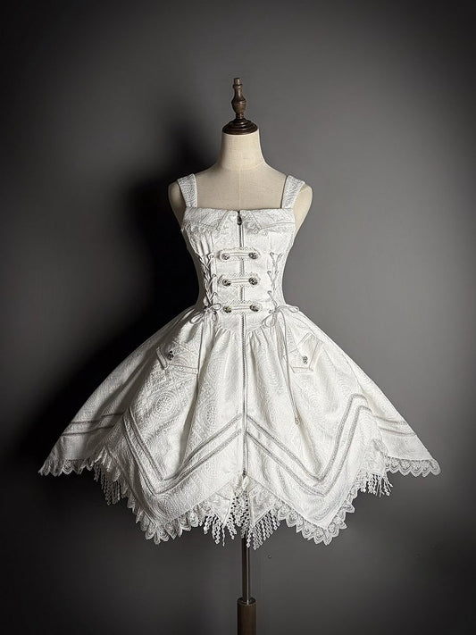 Hem Details with Dress Handkerchief White Zipper Military Jacquard Corset Lolita