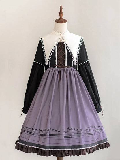 Musical Note Purple Autumn Lolita Long Sleeves Dress with Separate Pointed Collar