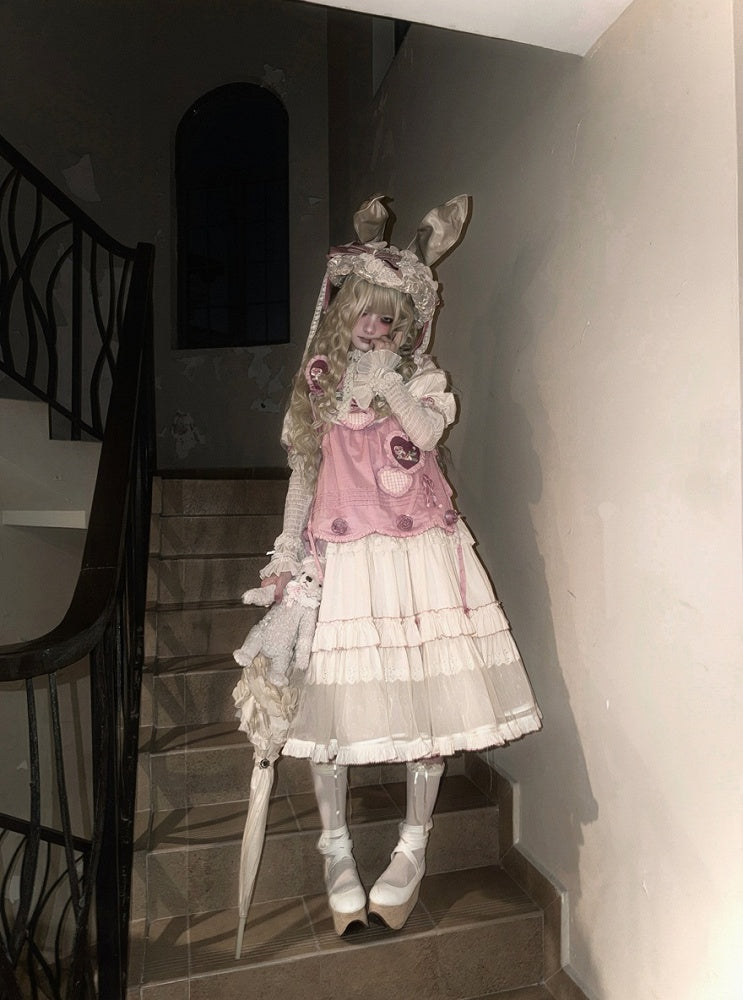 Cream Layered Ruffle High Waist Sweet Lolita Dress with Tulle Hem - Bodhi Original Design
