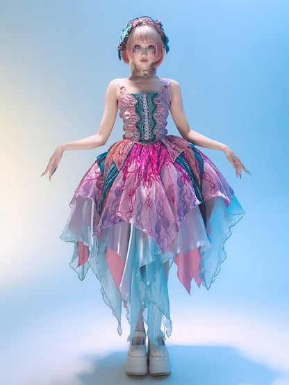 Embroidery Pink Bodice Print Biochemical Ribs Layered Handkerchief Lolita Spider Hem Dress