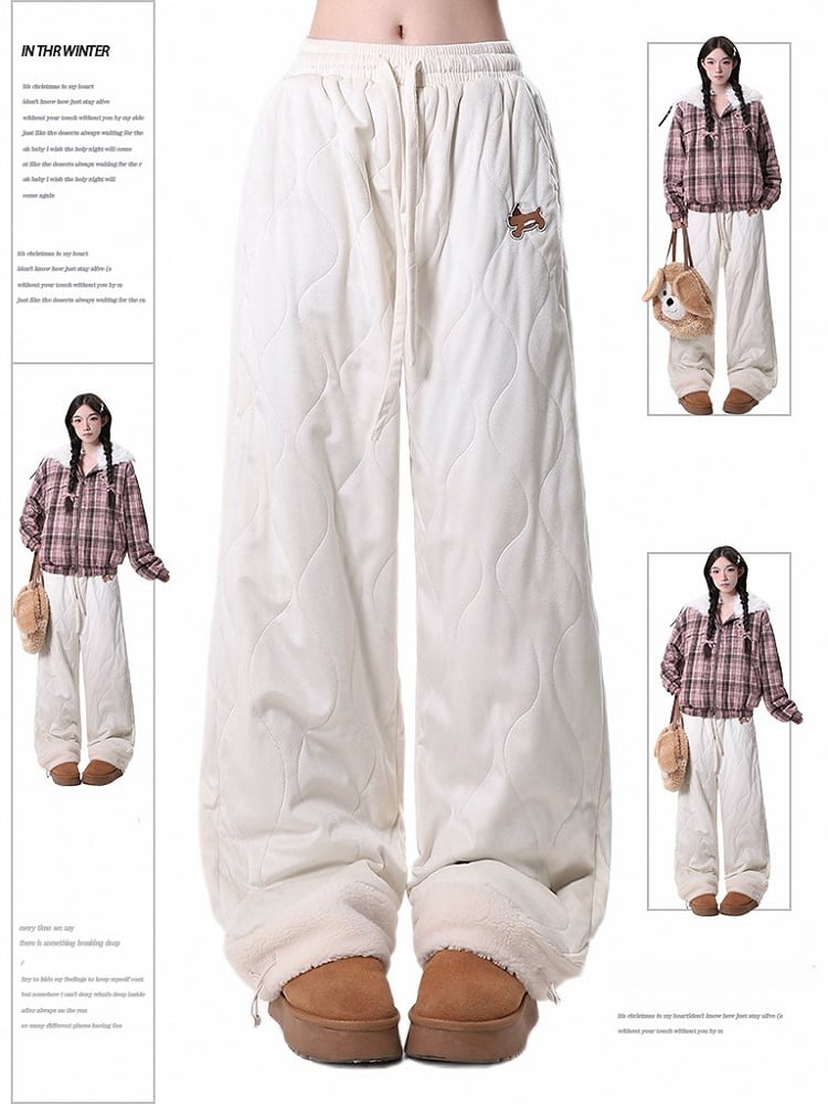 with Beige Embroidery Quilting Plush Dog Cuffs Cozy Fluid Pants Wave