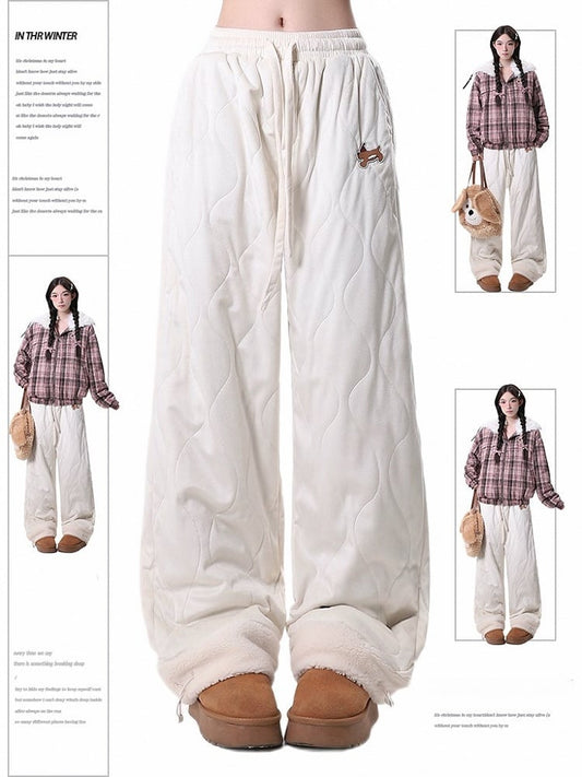 with Beige Embroidery Quilting Plush Dog Cuffs Cozy Fluid Pants Wave