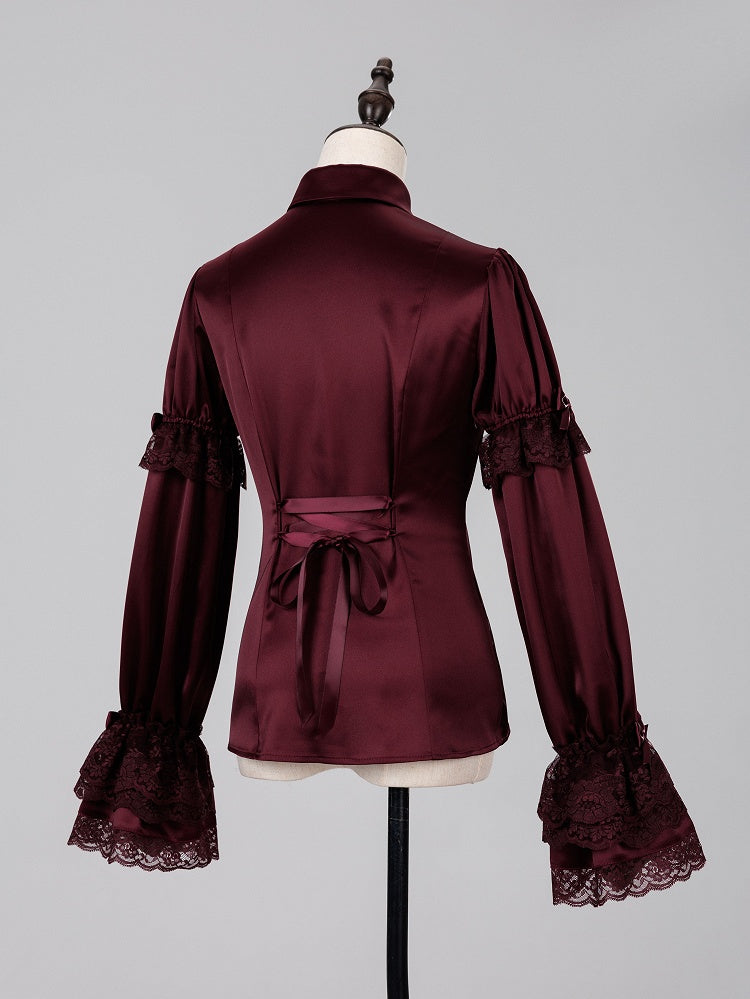 Gothic Satin Ruffle Blouse with Dramatic Collar and Lace Cuffs - DevilInspired Exclusive Collection