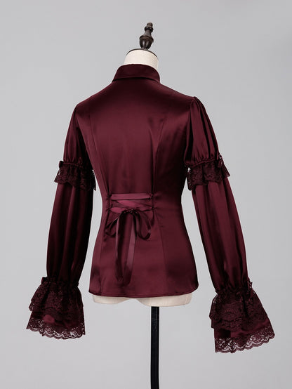 Gothic Satin Ruffle Blouse with Dramatic Collar and Lace Cuffs - DevilInspired Exclusive Collection