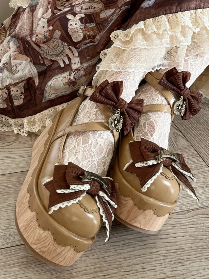Light PU Round Clock Charm Brown - Shoes Toe Accents Platform Bow