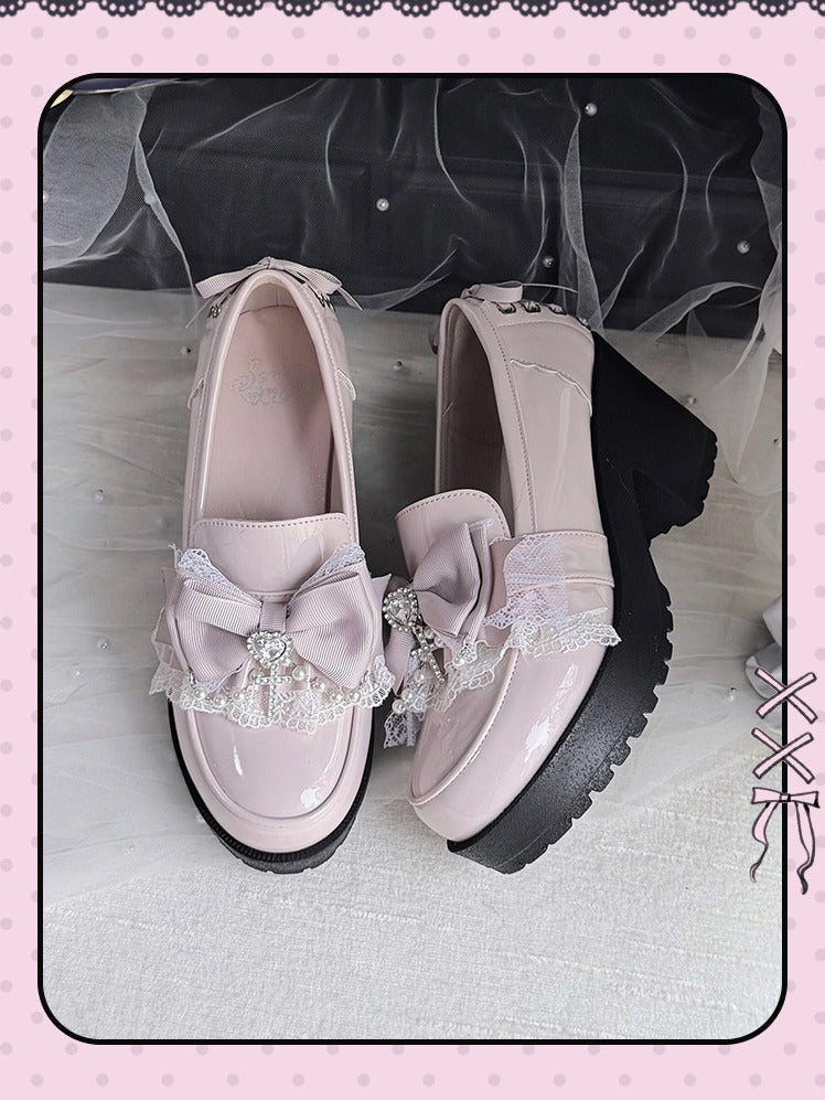 Pink Heart Bowknot 7CM Heel Shoes with Lace & Pearl Chain - Sarina