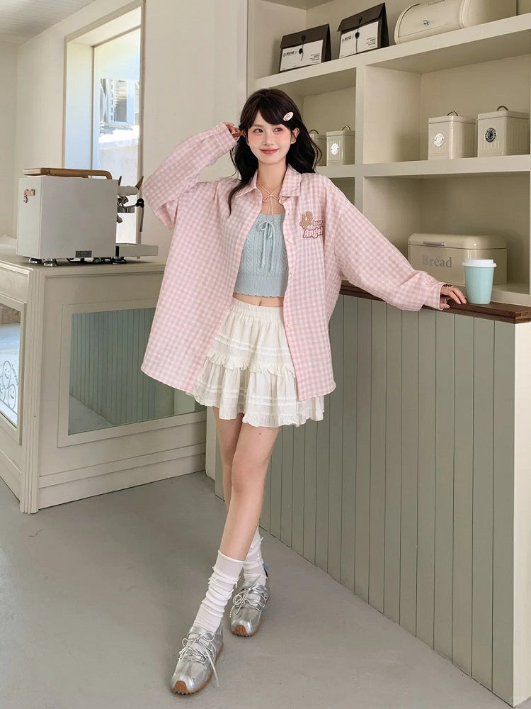 Pink Loose Plaid Shirt Adorable Bear Embroidery