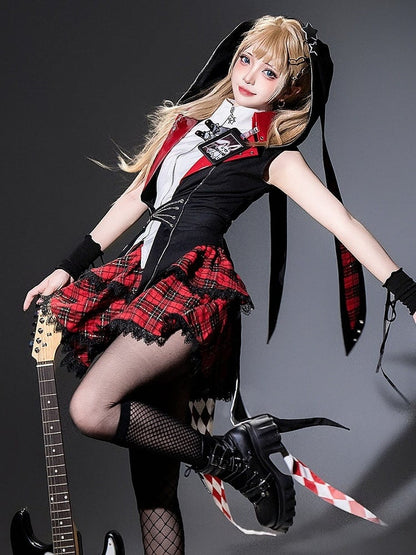 Punk Bunny Ear Hooded Coat with Diamond Tailcoat and Plaid Skirt in Black and Red - Xiong Dou Jiang