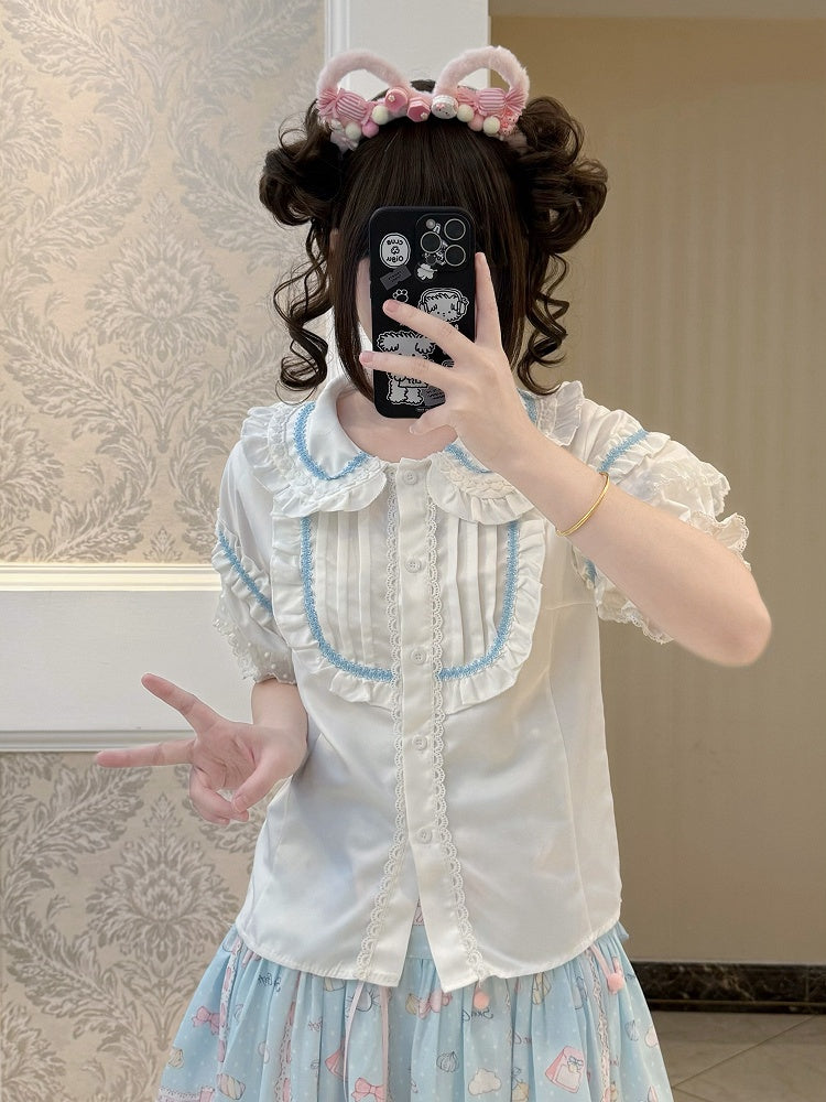 Collar White Short Blouse Blue Round Sleeves Flat and