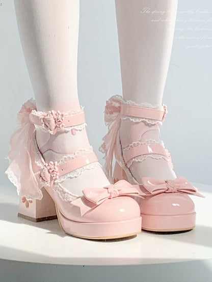 with - Heel Cherry Accents PU Heart Janes High Mary Lolita Platform Buckle Blossom Block Sweet Cutout Bow Pink