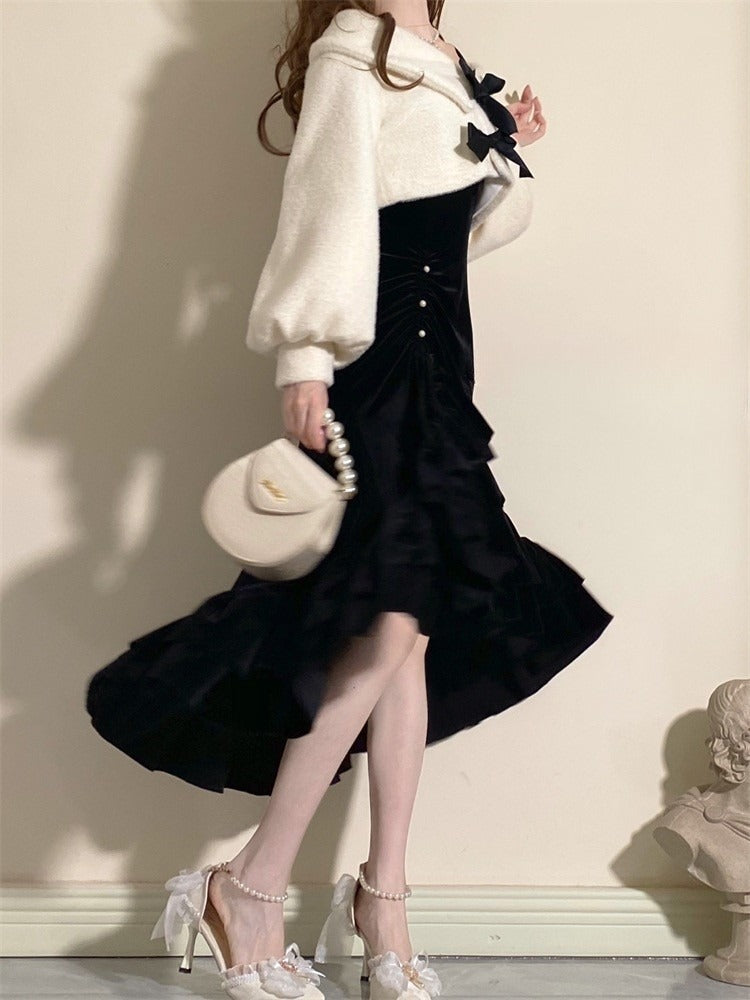 with Classic Accents Elegant Mermaid Black Bead Lolita Dress Button