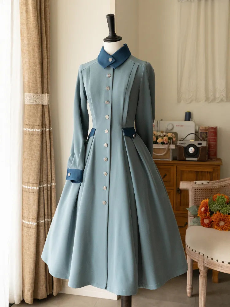 Uniform Blue Detachable Elegant Cape Beauxbatons Dusty Front Dress with Placket Inspired Button Vintage