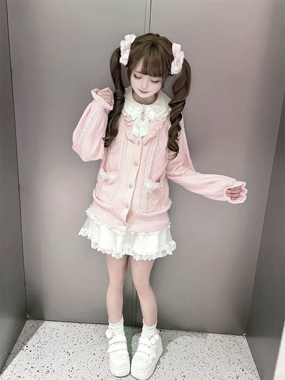 Sweet Jirai Kei Light Pink Knit Sweater with Heart-Shaped Rhinestone Buttons