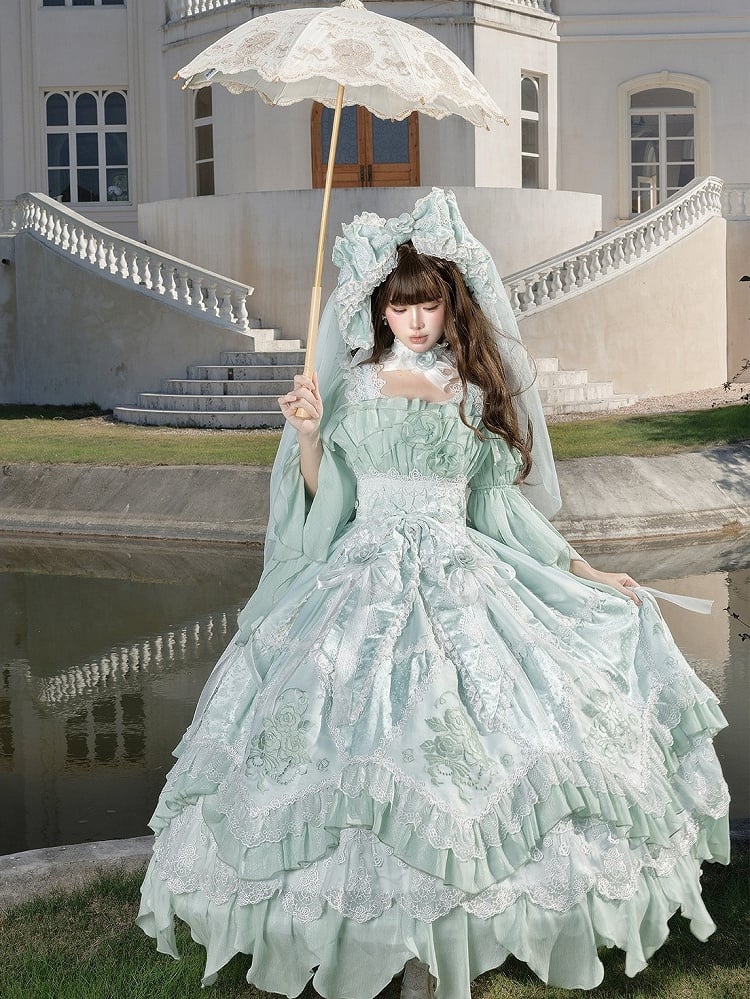 Green Accents Hanayome Ruffles Long Rose Version Layered Dress Light Lolita JSK with Flowing