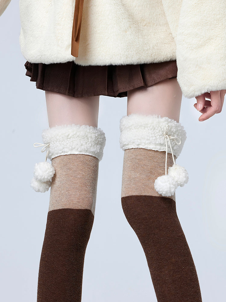 Stockings With Plush Pom-Pom KhakiBrown/GrayBlack Cuff Decoration