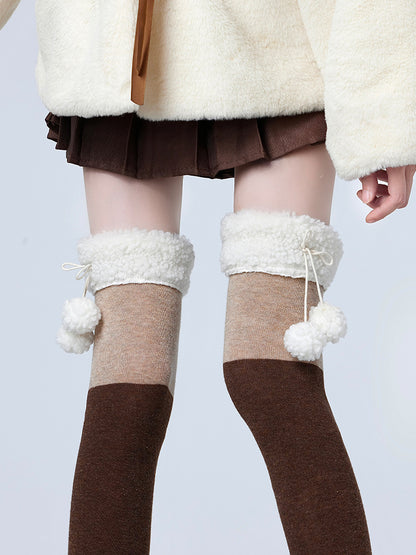 Stockings With Plush Pom-Pom KhakiBrown/GrayBlack Cuff Decoration