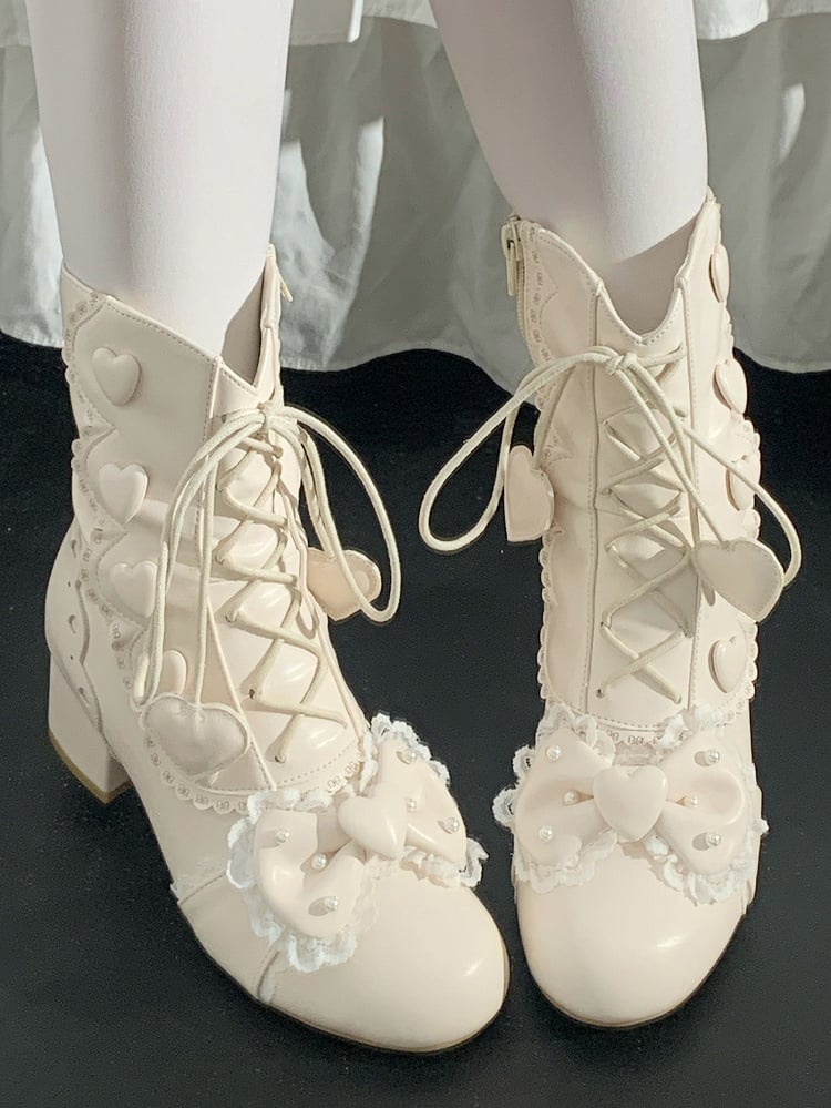 Heart Fastening Bow - Dual with PU Lolita Mid-Heel Boots Beaded Details Apricot Elegant