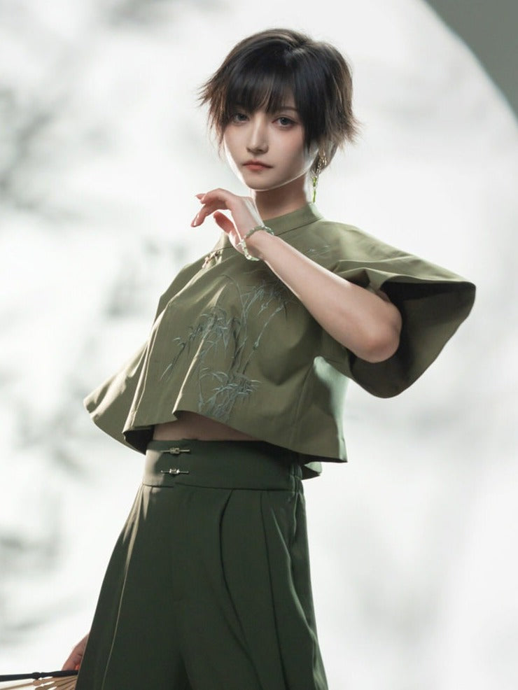Green Bamboo Embroidered Short Sleeve Top - Feng Hua Gui Guo Ling