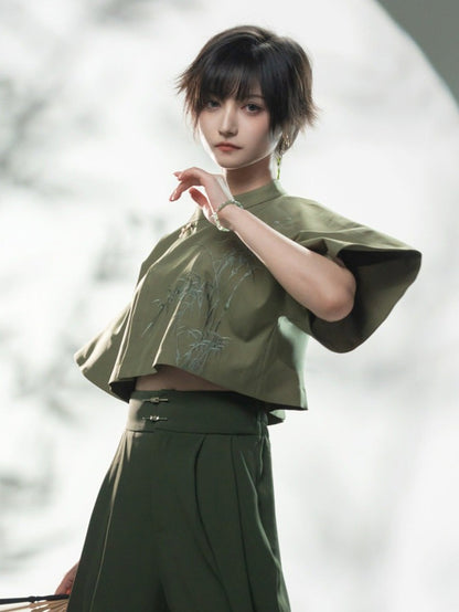Green Bamboo Embroidered Short Sleeve Top - Feng Hua Gui Guo Ling