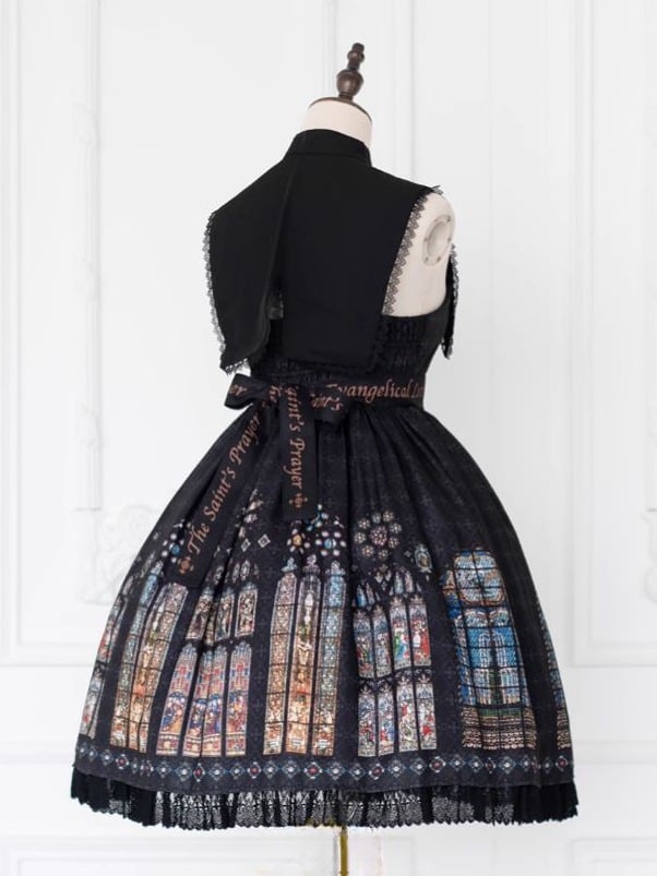 Print Window Church Short Stained Detachable Black Version Collar Dress Lolita with Gothic
