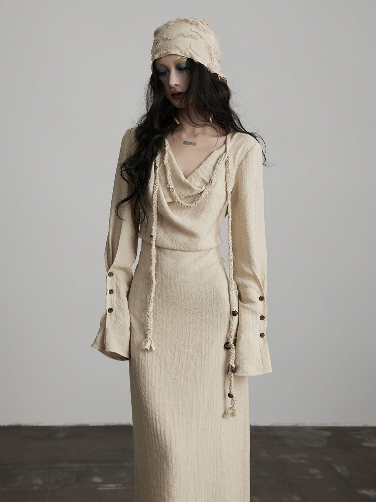 Dress with Urban Goth Apricot Design Cowl Irregular Long-Sleeve Slit Loose Light Neck