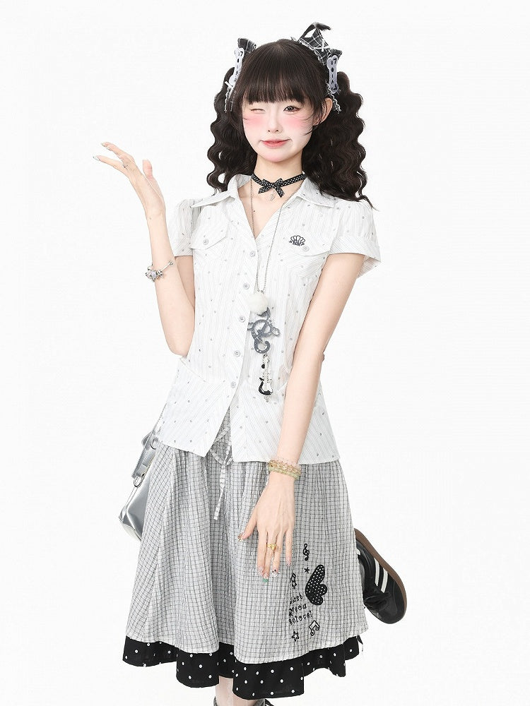White Polo Collar Short Sleeve Blouse with Polka Dots - Languid Park