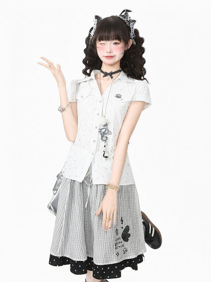 White Polo Collar Short Sleeve Blouse with Polka Dots - Languid Park