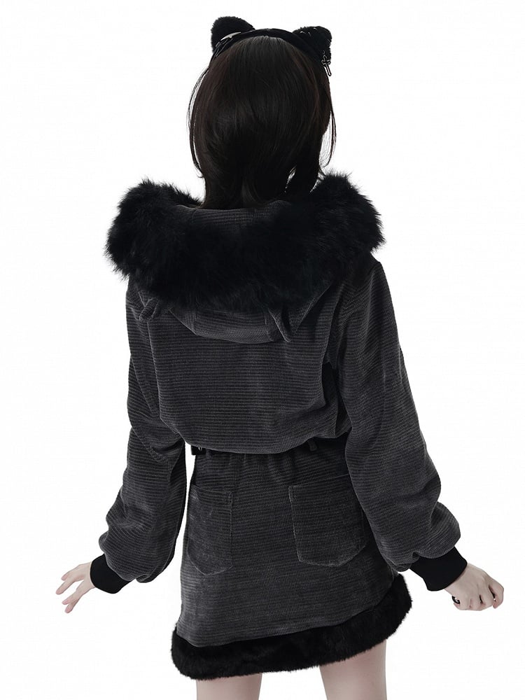 in Ears Jacket Trim Corn Faux Wolf Rib Dark Gray Texture Fur Hooded