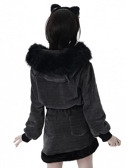 in Ears Jacket Trim Corn Faux Wolf Rib Dark Gray Texture Fur Hooded