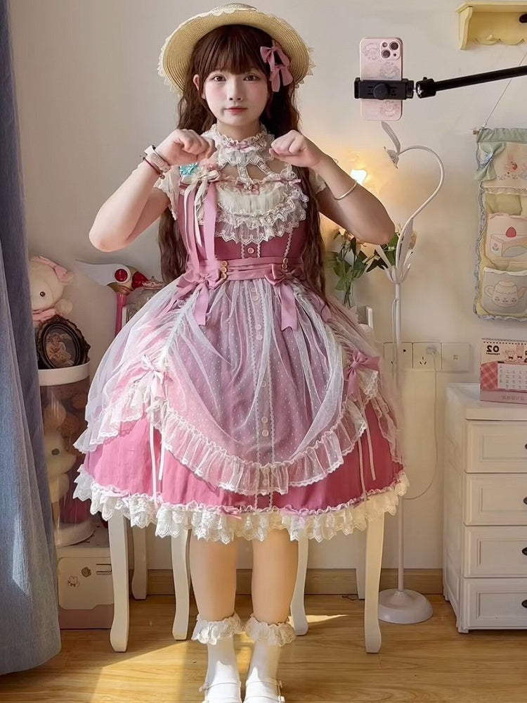 Pink Elegant Bow Version with Details Short Dress Lolita and Lace Classic Rose