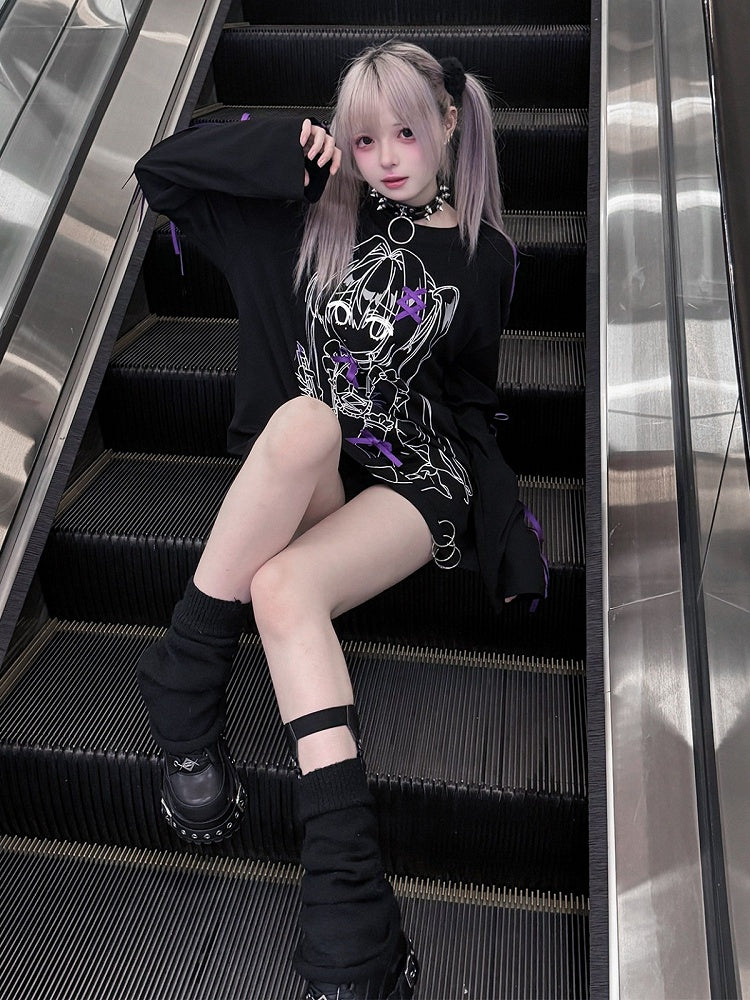 Loose Jirai-Kei Long-Sleeve Tee with Anime Girl Print & Bows in Black Purple - Puzzles
