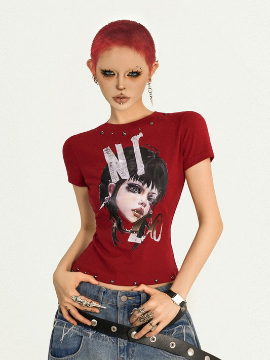 T-shirt Punk Graphic Blackhead Red Slim-Fit Girl