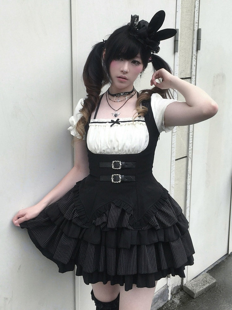 Black & White Striped Halter OP Dress with Necklace and Rabbit Hat - With PUJI