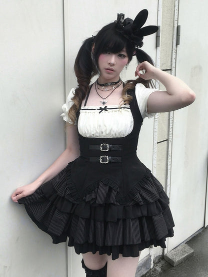 Black & White Striped Halter OP Dress with Necklace and Rabbit Hat - With PUJI