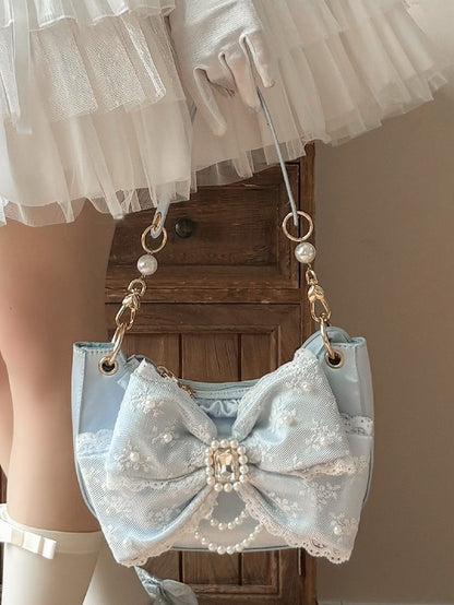 Lolita Sweet Bag Satin Bow and Bead Underarm with in Crystal Dazzling Blue