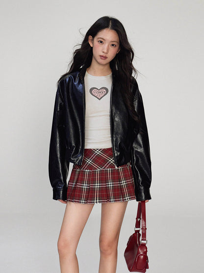 Red Zipper Pleats Preppy Skirt Side Mini Box Plaid Classic A-Line Style with