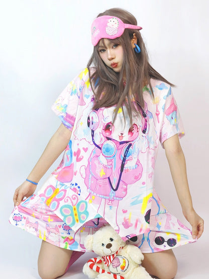 ファッションプリントの漫画袖ギャルショートカラフルシャツ