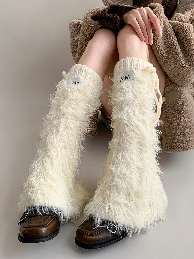 Faux Fluffy Drawstring Cream Warmers Fur Leg