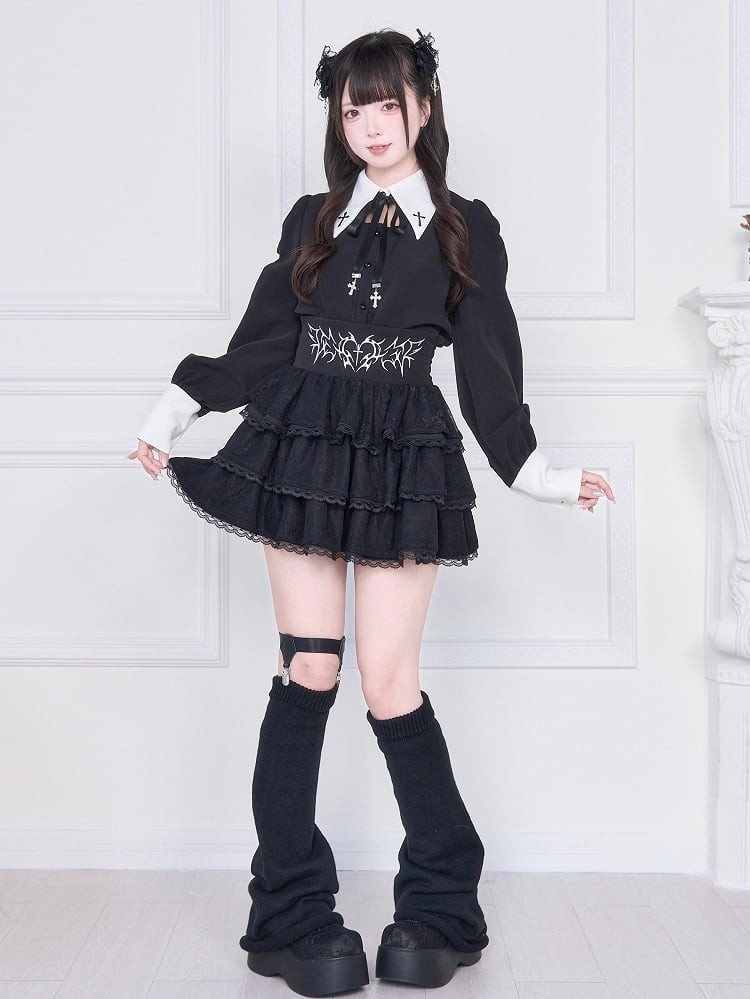 Lacing Jirai Embroidered with Blouse - White Kei Sleeve Long Back Cross Black