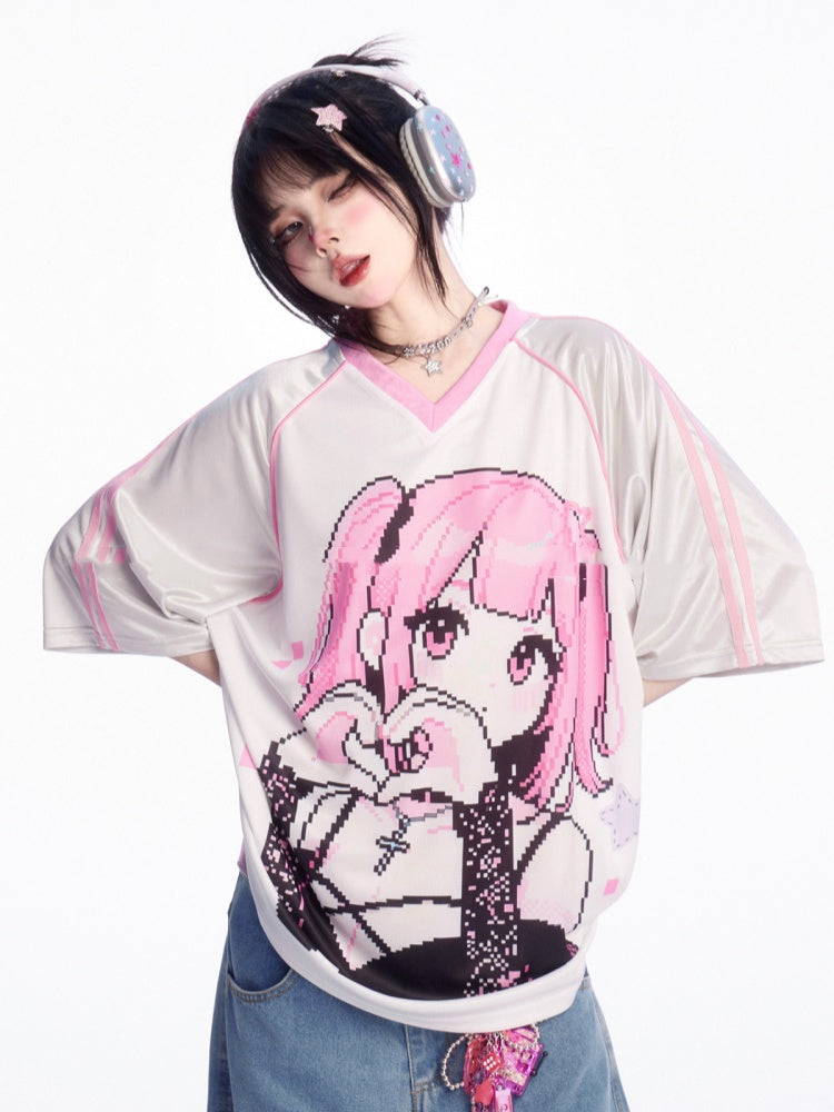 ピンクのルーズTシャツ Vネック 漫画ガールプリント ブロケットコア