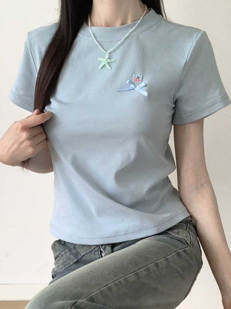 T-Shirt Rundhals Schleifendetail Blau