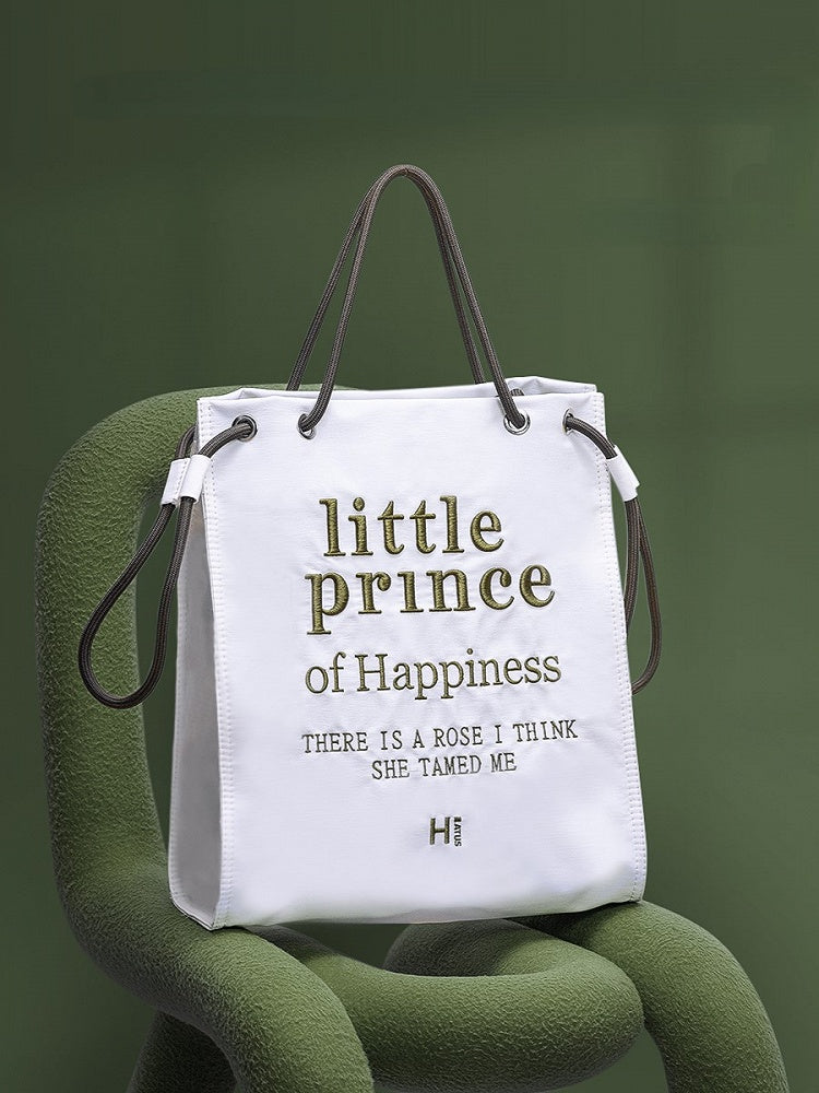 Tote Bag with Zipper Closure And Drawstring Strap Chic White  Green Alphabet Embroidery