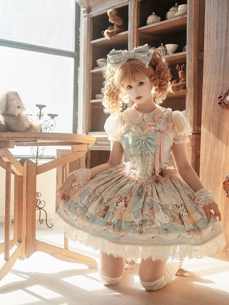 ティースイートジャンパーパーティーロリータグリーンスカートミントキティプリントコルセットドレスボディス