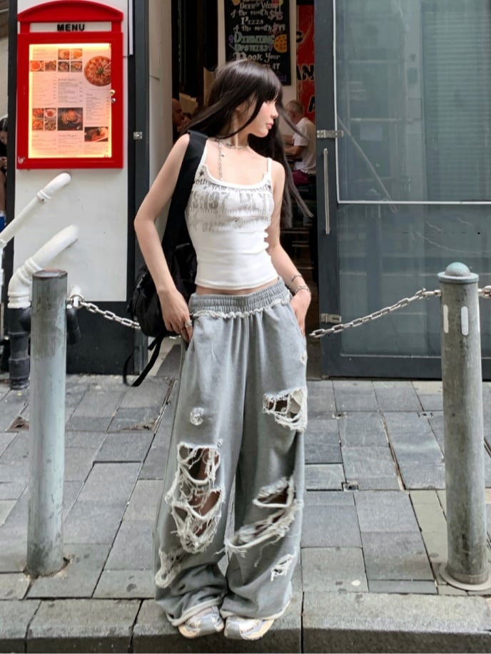Top/Grau Elastische Taille Distressed Löcher Casual Hosen Cami Weiß Glamouröse Grafik